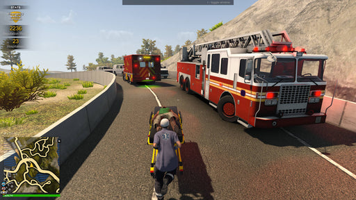 Gameplay screenshot from Flashing Lights on PC Steam, showcasing paramedics rescuing an injured person next to emergency vehicles on a roadside. Purchase your Flashing Lights Steam CD Key at RushGame.co and join intense emergency operations