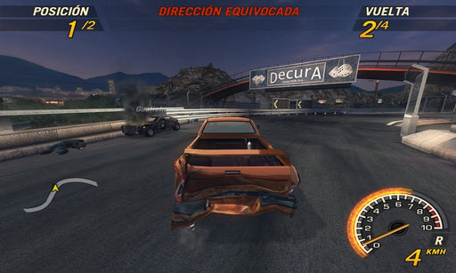 Gameplay screenshot from FlatOut 2 on PC GOG showing a heavily damaged racing car speeding through a chaotic racetrack. Get your FlatOut 2 GOG CD Key at RushGame.co and experience extreme demolition racing!