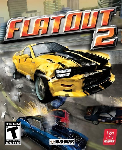 Official cover image of FlatOut 2 for PC GOG, displaying action-packed crashes with high-speed racing vehicles in dramatic collisions. Activate your FlatOut 2 CD Key now at RushGame.co and experience ultimate racing destruction