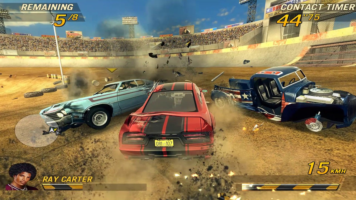 In-game screenshot of FlatOut 2 for PC GOG capturing an intense demolition derby event with cars crashing spectacularly into each other. Purchase your FlatOut 2 CD Key at RushGame.co and jump into thrilling demolition races today