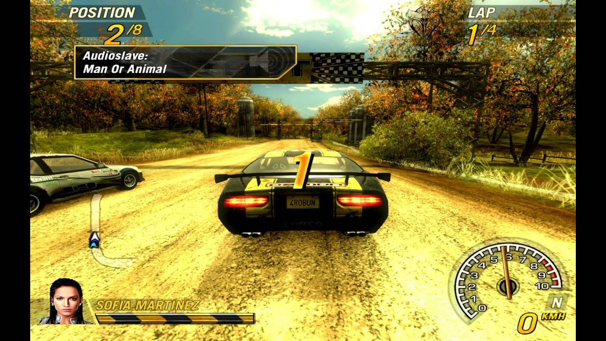 FlatOut 2 gameplay screenshot on PC GOG, featuring the starting line countdown on a scenic countryside racing track. Secure your GOG CD Key instantly from RushGame.co and race towards victory in explosive car battles