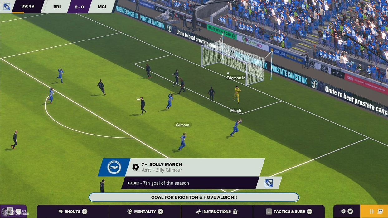 In-game screenshot of Football Manager 2024 on PC Steam showcasing Solly March scoring a goal for Brighton & Hove Albion. Manage your dream team—get your Football Manager 2024 Steam CD Key at RushGame.co today