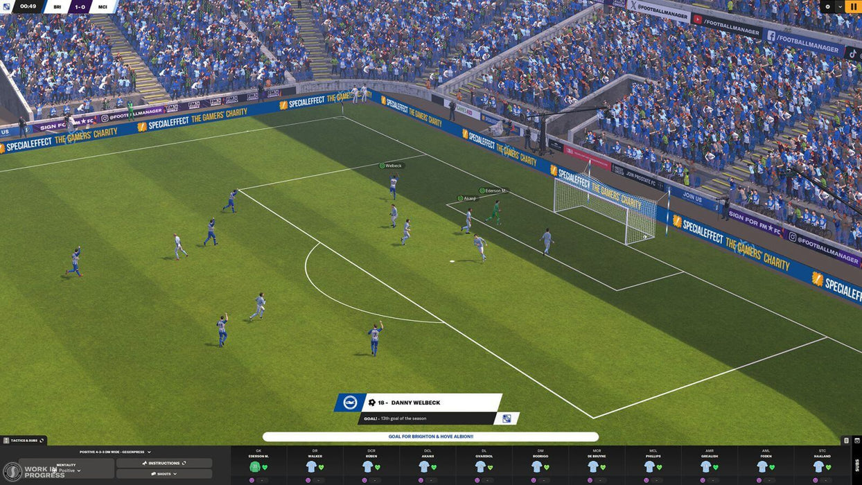 Gameplay image from Football Manager 2024 PC Steam, capturing Danny Welbeck celebrating a goal at a packed stadium. Secure your Football Manager 2024 Steam CD Key at RushGame.co and lead your club to glory