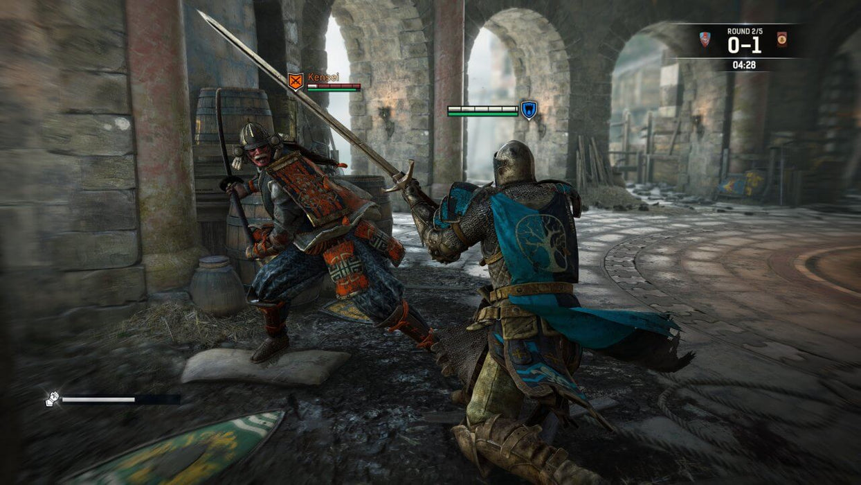 Gameplay action from For Honor PC version, depicting a dramatic duel between a knight and a samurai warrior in detailed medieval ruins. Get your activation code for Ubisoft Connect now at RushGame.co