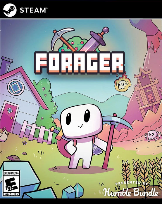 Official cover of Forager for PC on Steam, featuring the adorable main character holding a pickaxe in a colorful open-world setting. Buy your Steam CD Key now at RushGame.co for instant digital access