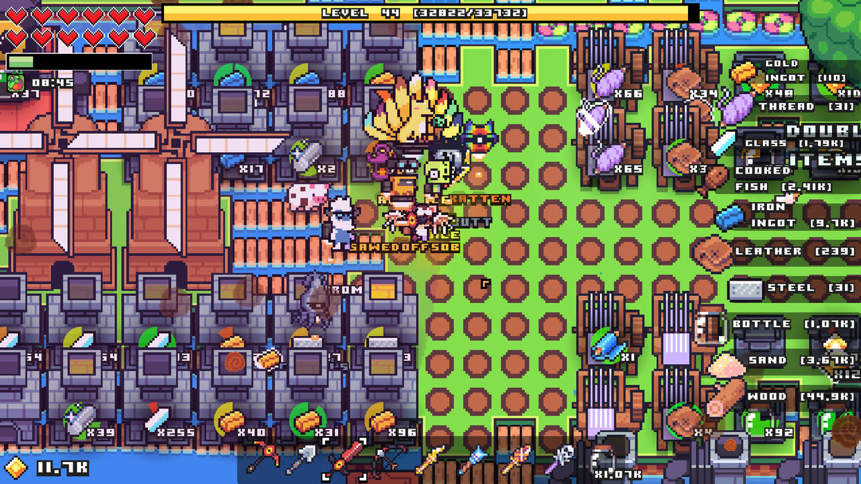 Forager PC gameplay screenshot showing an advanced base with various crafting stations, resources, and collected materials. Get your Steam CD Key now at RushGame.co and start your adventure