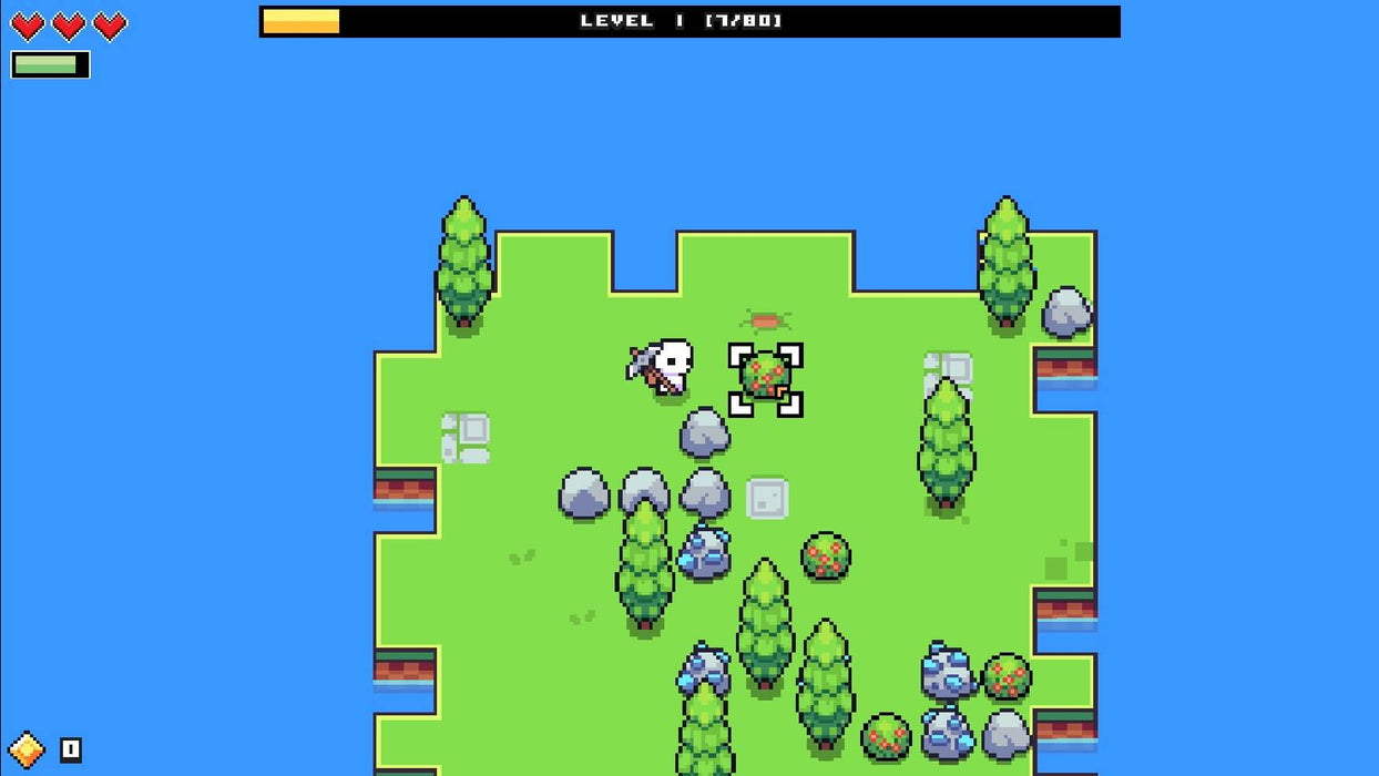 Forager PC gameplay screenshot displaying the early-game experience with the main character gathering resources on a small island. Buy your Steam activation key now at RushGame.co and explore the vast world!