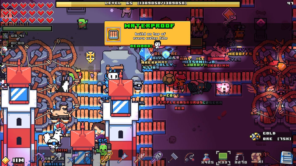 Forager PC gameplay showcasing an upgraded base with advanced structures, crafting tools, and unlocked abilities. Purchase your Steam CD Key today at RushGame.co and dive into the fun