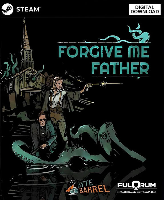 cover art of Forgive Me Father for PC on Steam, featuring a dark Lovecraftian horror setting with a protagonist and a priest facing monstrous tentacles. Buy your Steam CD Key now at RushGame.co for instant access