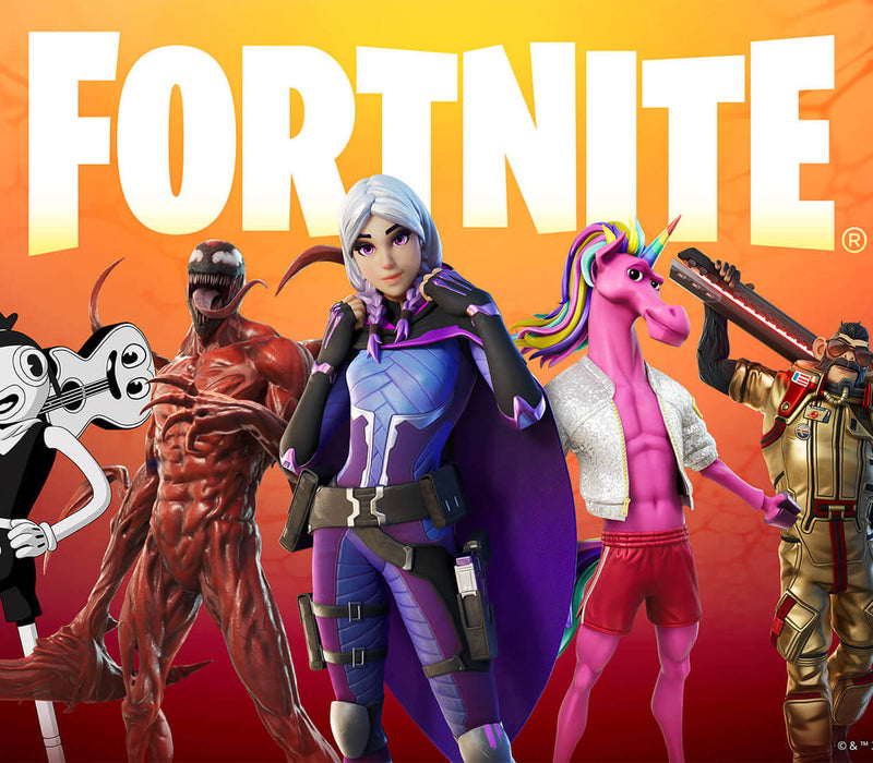 promotional image for Fortnite on Epic Games, featuring a diverse selection of vibrant and unique character skins, including a futuristic warrior, a pink unicorn, and iconic crossover characters. Get your Fortnite Random Comic Item Epic Games CD Key now at RushGame.co and unlock exclusive in-game content