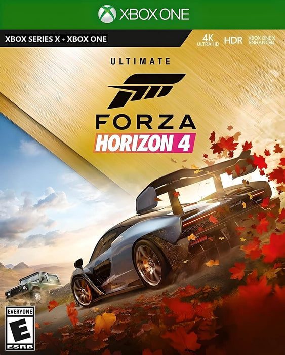 Official cover art of Forza Horizon 4 Ultimate Edition for Xbox One and Xbox Series X/S, showcasing a high-speed McLaren Senna drifting through autumn leaves. Buy your digital activation key at RushGame.co and experience the open-world racing adventure