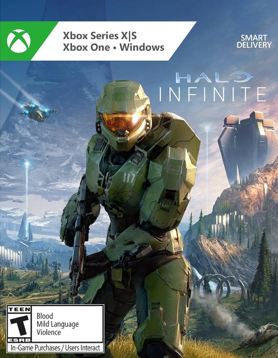 Halo Infinite Xbox One and Xbox Series X/S cover featuring Master Chief standing ready for battle in a vast open-world environment. Get your Halo Infinite digital CD key for instant activation at RushGame.co