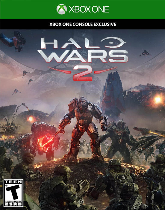Cover art of Halo Wars 2 for Xbox One, showcasing an intense battle between the UNSC forces and the powerful Banished army, led by Atriox. The scene features futuristic soldiers and towering alien warriors in a fiery war zone, highlighting the game's real-time strategy action. Get your Halo Wars 2 Xbox One CD Key instantly at RushGame.co and command your troops in epic sci-fi battles
