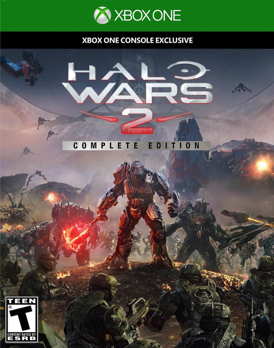 Cover art of Halo Wars 2 Complete Edition for Xbox One, featuring an intense battlefield scene with armored UNSC soldiers facing off against the fearsome Banished warriors, led by the imposing warlord Atriox. This real-time strategy game set in the Halo universe offers tactical warfare and gripping story-driven campaigns. Get your Halo Wars 2 Complete Edition Xbox One CD Key instantly at RushGame.co and lead your army to victory