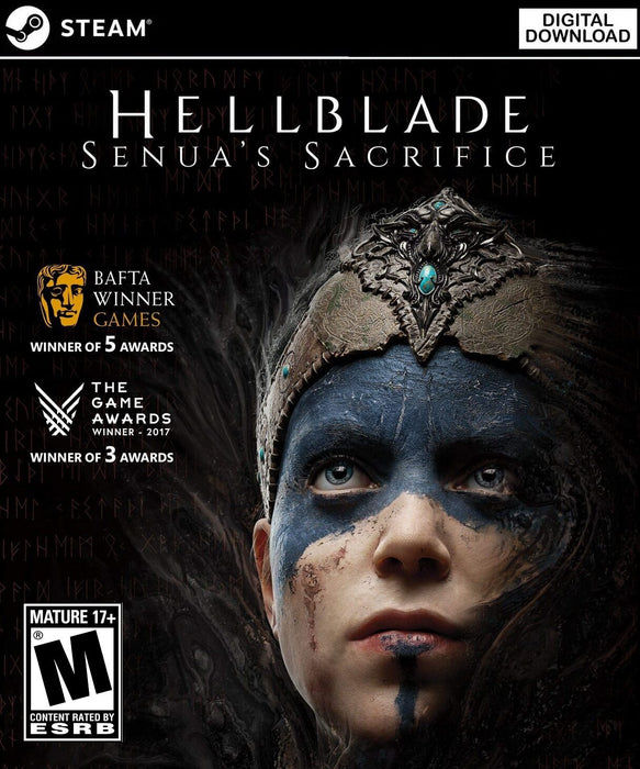 Cover art of Hellblade: Senua's Sacrifice for PC Steam, featuring a striking close-up of Senua’s face adorned with blue war paint and a detailed Celtic headpiece. The dark background, inscribed with Norse runes, highlights the game's psychological and mythological themes. Get your Hellblade: Senua's Sacrifice PC Steam CD Key instantly at RushGame.co and experience a haunting Viking-inspired journey
