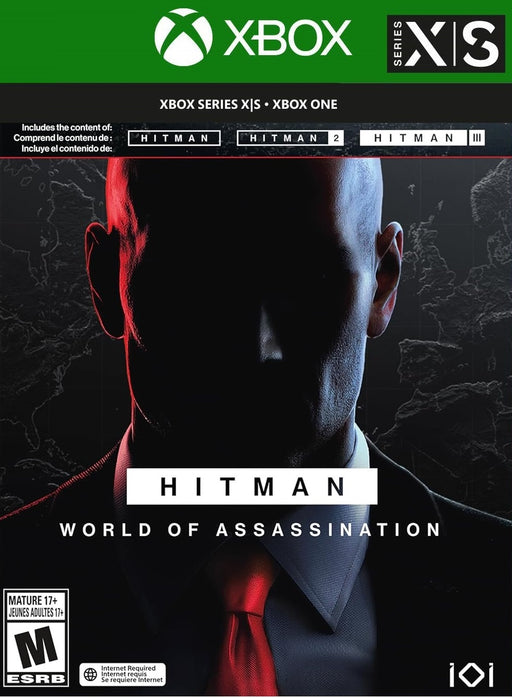 Cover art for HITMAN World of Assassination on Xbox One and Xbox Series X|S, featuring Agent 47 in dramatic silhouette with a red tie, promoting the full trilogy including HITMAN, HITMAN 2, and HITMAN III. Get your digital key instantly at RushGame.co