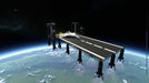 In-game screenshot of Kerbal Space Program 2 showcasing a massive space platform with a runway and rocket boosters above Earth’s orbit. Explore the universe—get your KSP 2 CD key now at RushGame.co