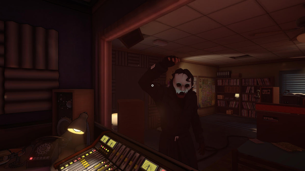 Killer Frequency Steam - Man in a mask standing behind a glass in a recording studio