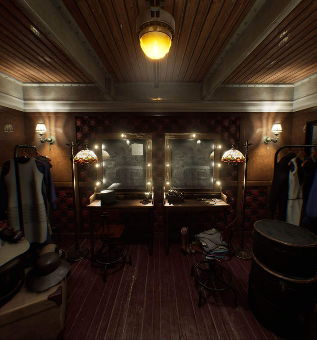 In-game screenshot from Layers of Fear 2 on PC GOG showing a vintage dressing room with twin mirrors and dim lighting, capturing the eerie atmosphere – available as a digital game key at RushGame.co