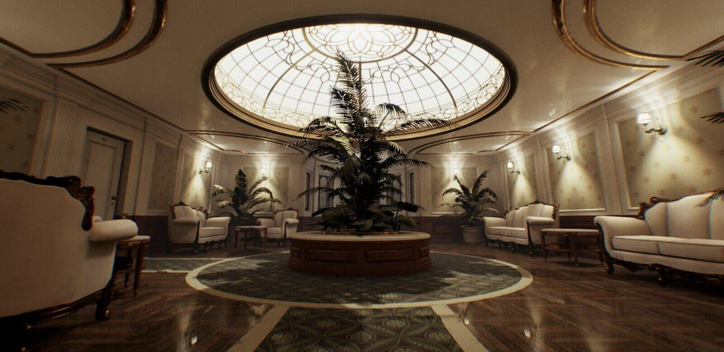 "Gameplay image from Layers of Fear 2 for PC GOG presenting a luxurious ship lounge with elegant furniture and a glass dome, showcasing the game’s rich visual detail – grab the official key now on RushGame.co