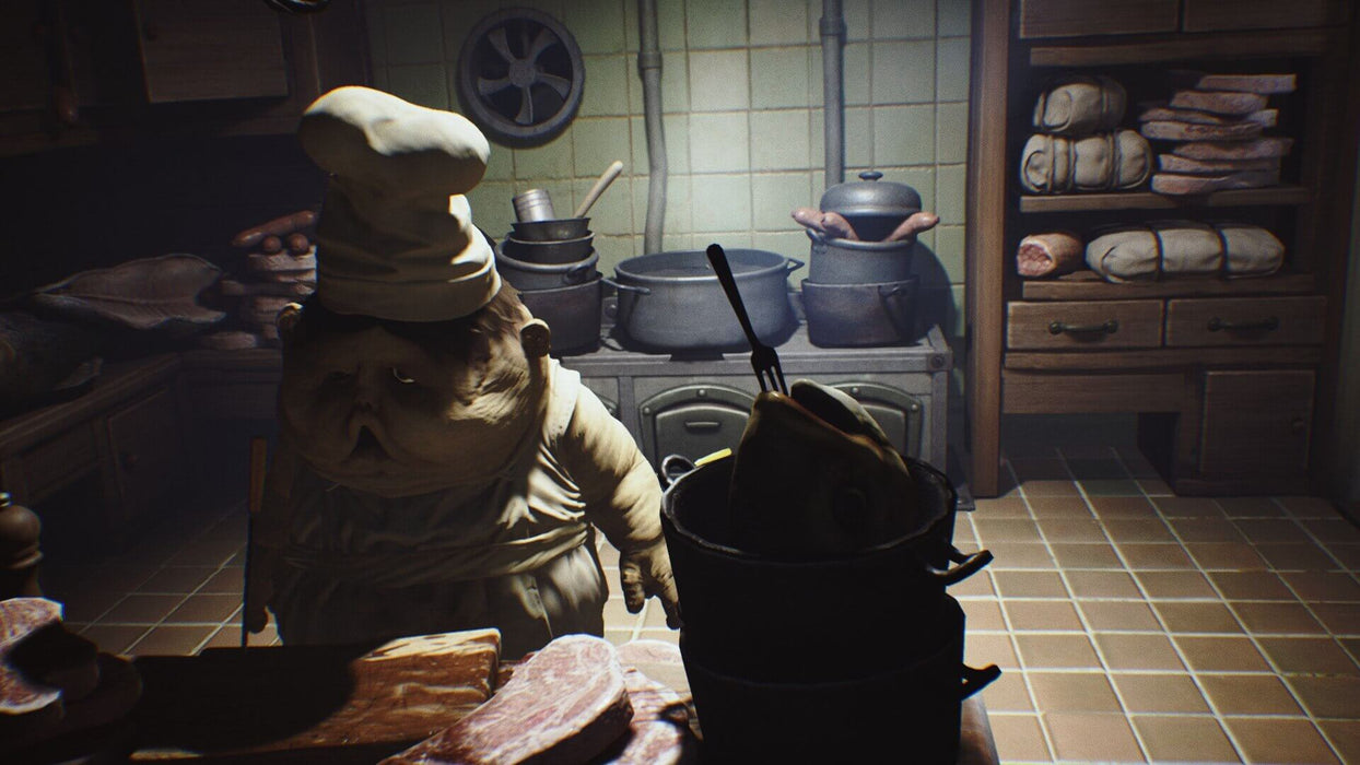 A kitchen scene from Little Nightmares Complete Edition for xbox one, featuring a grotesque chef preparing a mysterious dish. Find the best deals on xbox game codes at RushGame.co