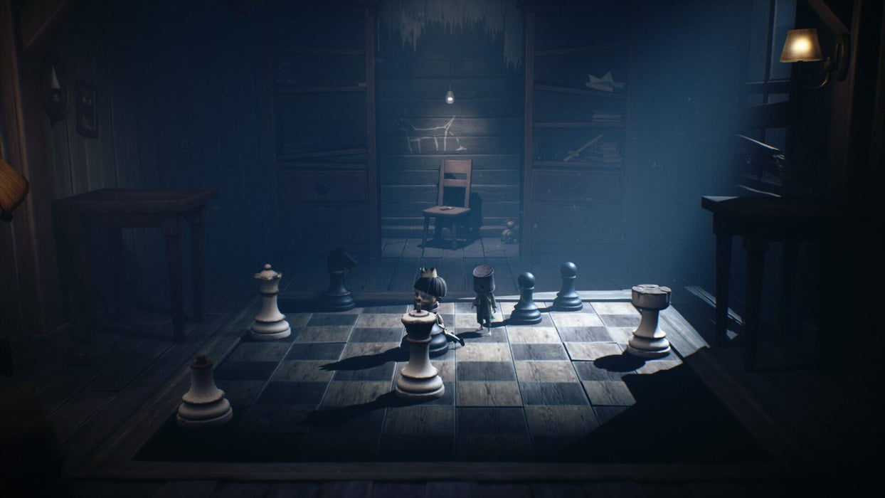 A scene from Little Nightmares II Steam Key, available on PC, featuring eerie chess pieces and a dimly lit room, with the protagonist navigating through a haunting atmosphere. Buy Little Nightmares II Steam Key for PC now on RushGame.co