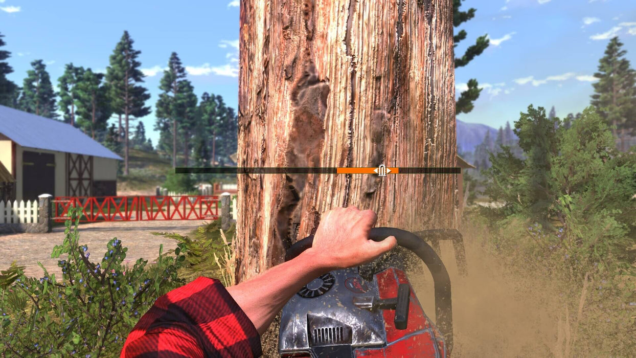 A first-person view of operating a forklift in Lumberjack's Dynasty PC Steam code, preparing to load timber in a dense forest environment