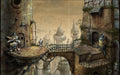 An in-game shot from Machinarium Collector's Edition, showing the robot exploring an outdoor, decaying mechanical cityscape filled with pipes and bridges. Buy the game now on RushGame.co