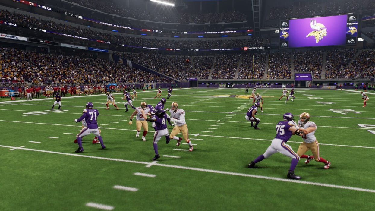 A tense passing play unfolds in Madden NFL 24 on EA Play, with the Minnesota Vikings attempting a long pass against the San Francisco 49ers. Purchase Madden NFL 24 on EA Play at RushGame.co for the best price