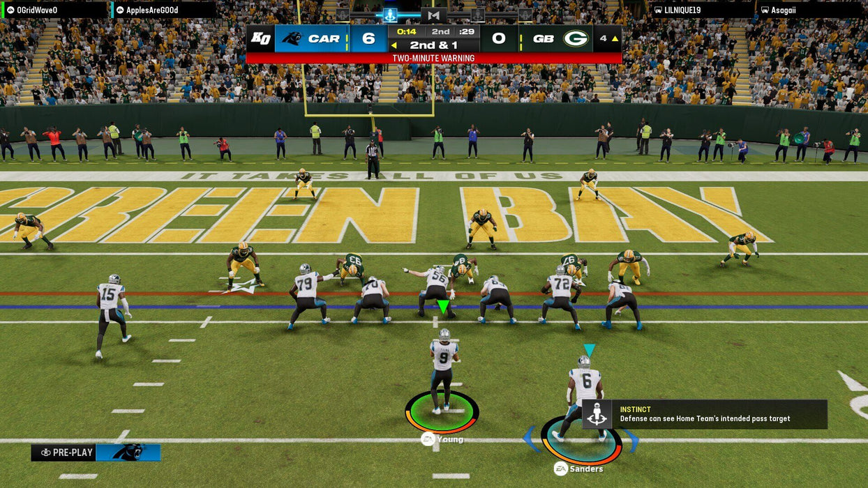 The Carolina Panthers line up against the Green Bay Packers in Madden NFL 24 on Steam, setting up a critical goal-line play. Get your Madden NFL 24 Steam game code now at RushGame.co