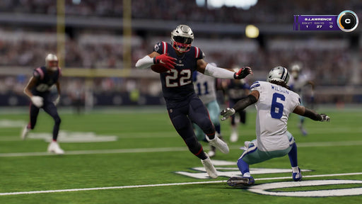 A powerful stiff-arm moment in Madden NFL 24 Deluxe Edition on PS4/PS5, as a Patriots running back breaks through a Cowboys defender. Buy Madden NFL 24 Deluxe Edition now on RushGame.co for instant delivery