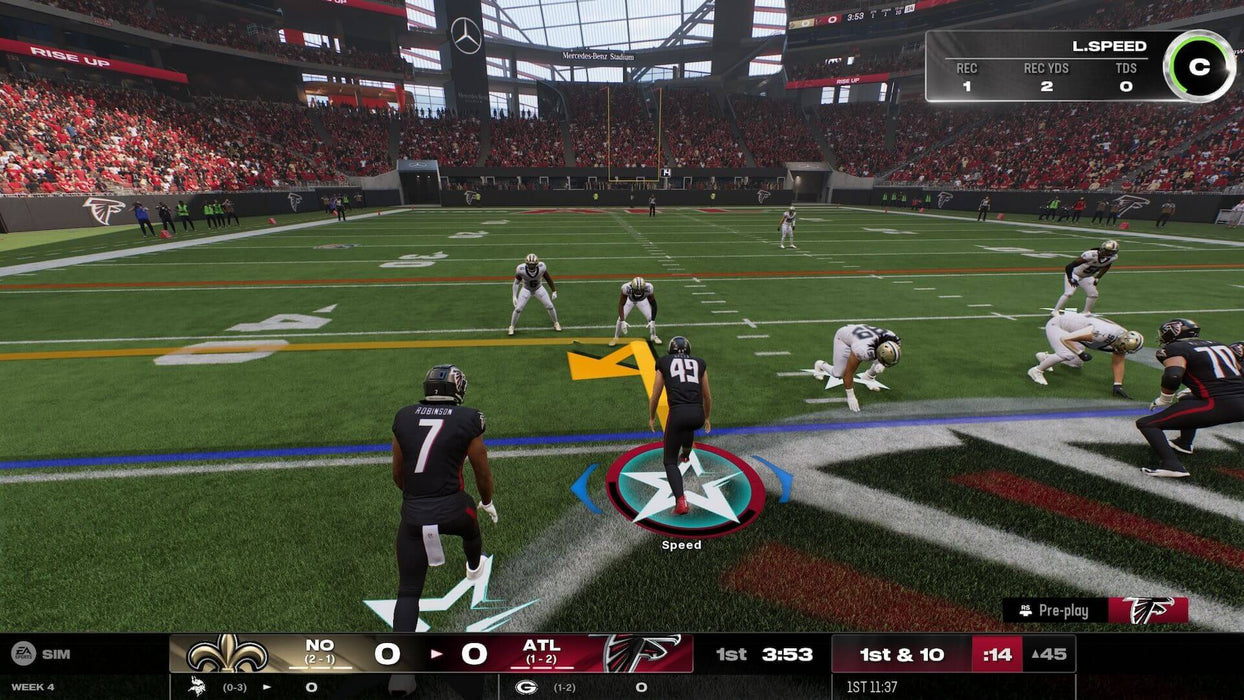 In-Game Screenshot 2 - Pre-play setup in Madden NFL 25 on PS5, showcasing an intense football match between the New Orleans Saints and Atlanta Falcons at Mercedes-Benz Stadium. Get your Madden NFL 25 PS5 digital key instantly at RushGame.co