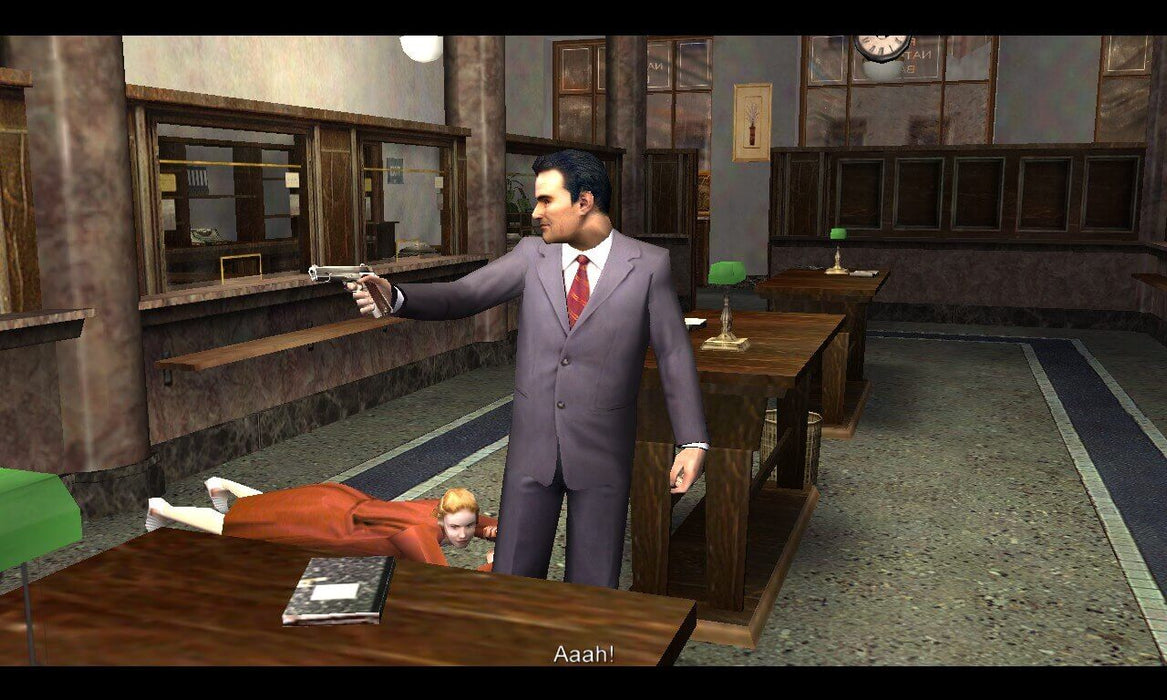 A thrilling bank robbery scene from Mafia PC GOG Key, where the main character holds a gun inside a classic bank setting. Find the best prices on Mafia GOG Key at RushGame.co