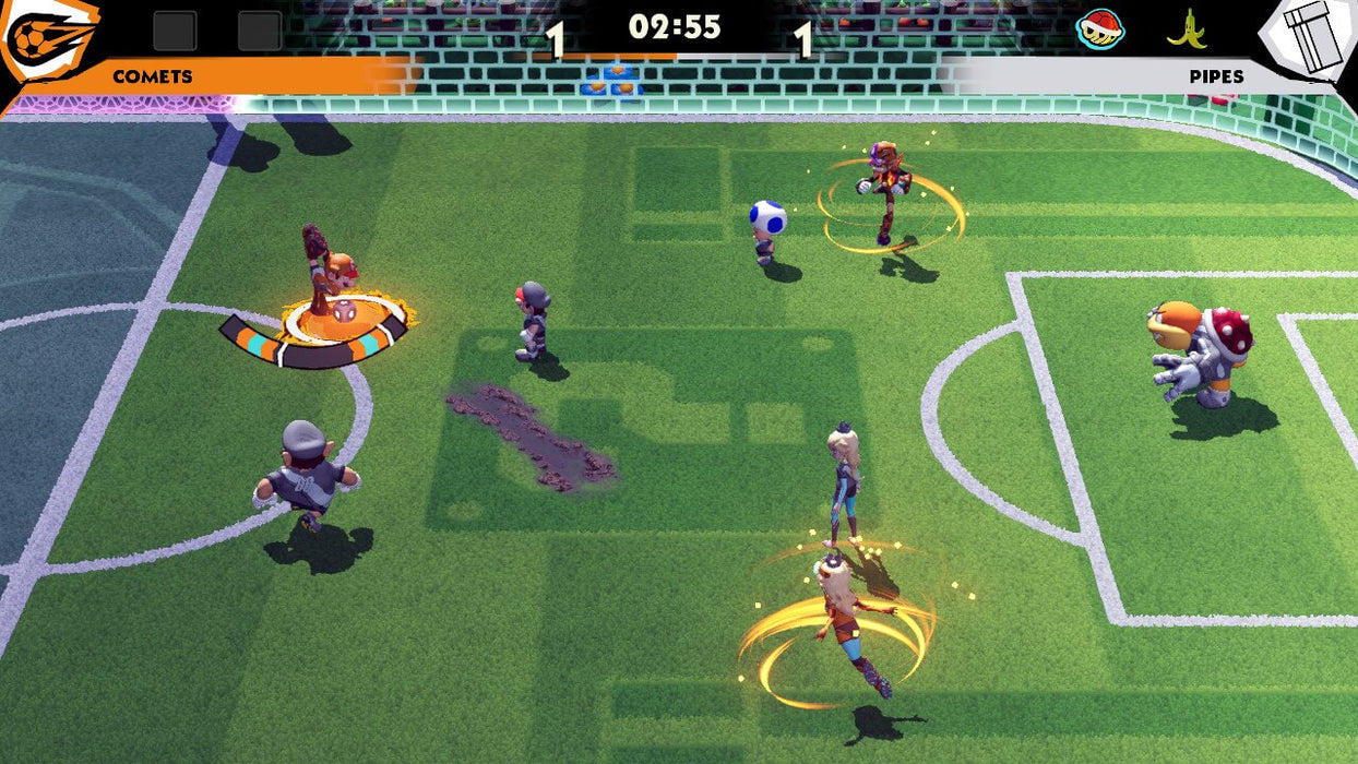 Intense soccer action as the Comets and Pipes teams battle it out in Mario Strikers: Battle League on Nintendo Switch. Unleash your skills and experience high-octane matches with friends. Grab your Nintendo Switch game key at RushGame.co