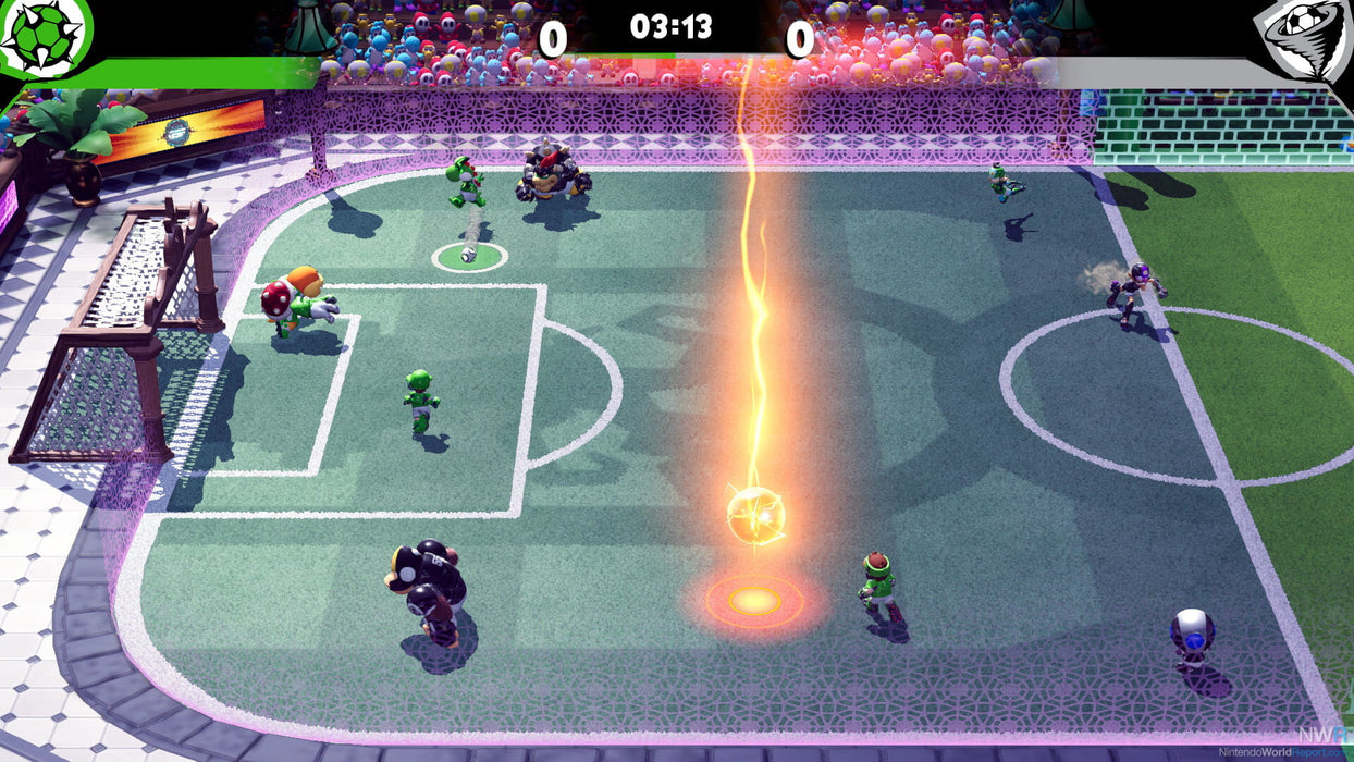 A glowing ball of energy lights up the field in Mario Strikers: Battle League on Nintendo Switch. Play as iconic characters and show off your soccer skills. Find your game key at RushGame.co