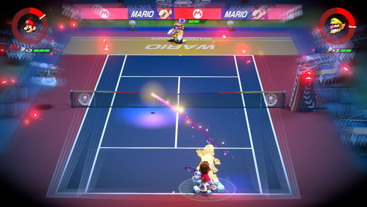 Mario and Wario face off in an intense tennis match in Mario Tennis Aces on Nintendo Switch. Experience high-speed tennis action and grab your game key at RushGame.co