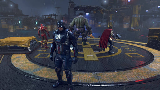 Captain America stands ready with the Avengers team in Marvel's Avengers on PC Steam, featuring Hulk, Iron Man, and Thor preparing for battle. Join Earth's mightiest heroes and get your game key from RushGame.co