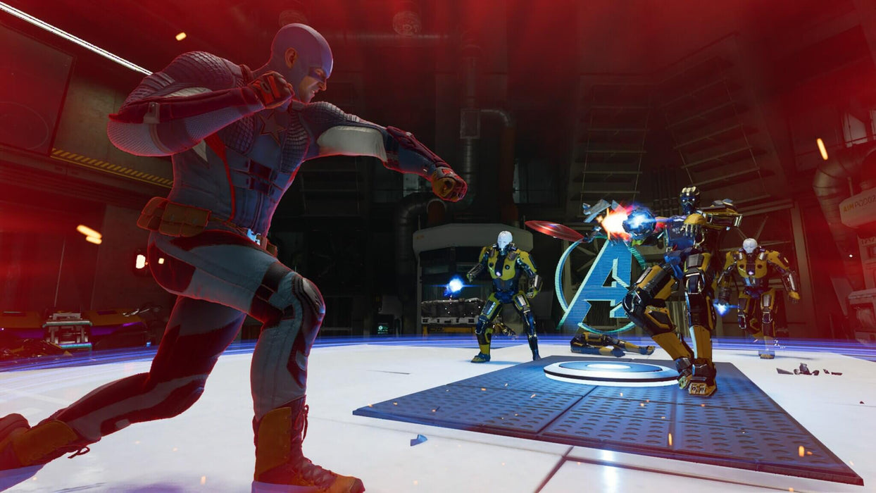 Captain America faces off against enemies in a high-tech arena in Marvel's Avengers on PC Steam, showcasing intense combat action. Suit up and secure your Avengers game key at RushGame.co