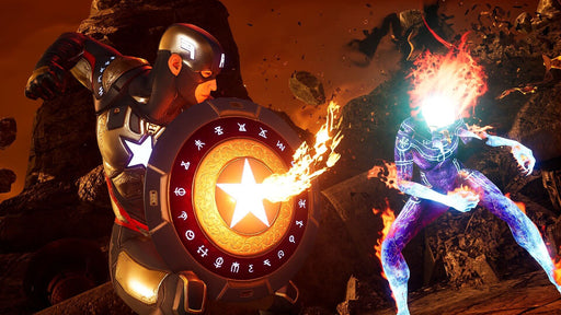 Captain America, with his shield ablaze, faces off against a glowing fire-headed enemy in a dramatic battlefield scene from Marvel's Midnight Suns Digital+ Edition on PC Steam. Defend the world and get your game key now at RushGame.co