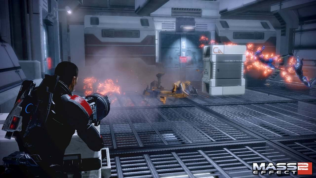 Commander Shepard engaging in intense combat, using a heavy weapon to take down mechanical enemies. Play this tactical RPG on EA Play for PC at RushGame.co