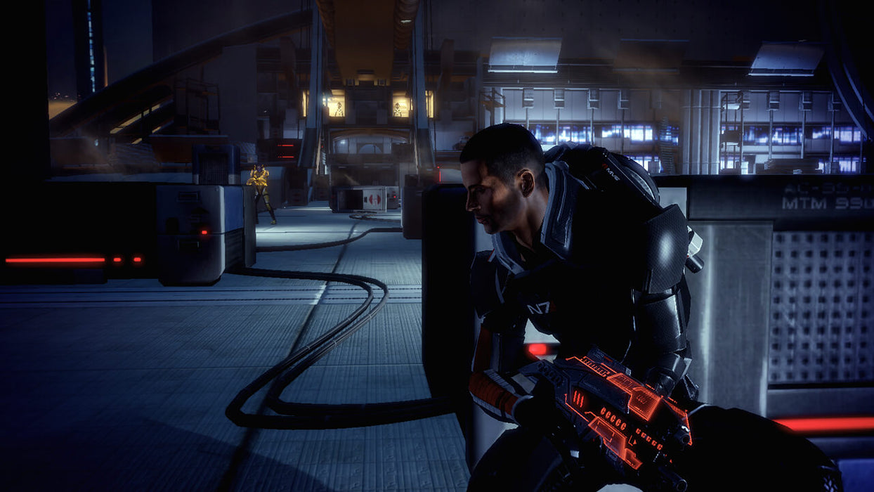 Shepard sneaking behind cover during a high-stakes mission inside a futuristic facility. Get Mass Effect 2 on EA Play for PC at RushGame.co