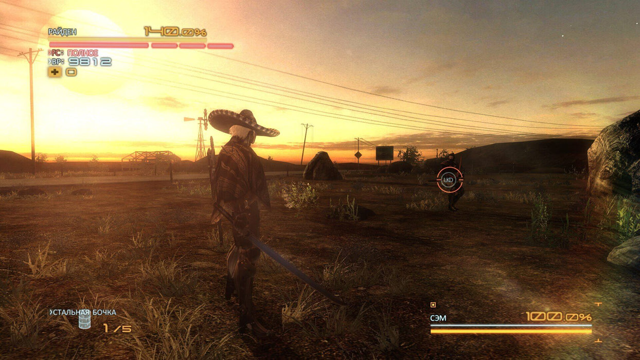 Raiden, in a stylish sombrero, prepares for battle in Metal Gear Rising: Revengeance during a stunning sunset scene. Get this game on PC at RushGame.co and slash your way through the enemies.