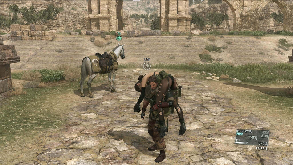 Snake carries an unconscious soldier while his horse stands nearby in Metal Gear Solid V: Ground Zeroes Xbox code. Purchase the game key at RushGame.co.