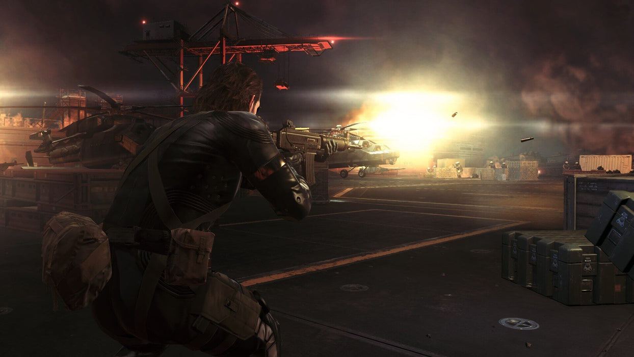 Snake engages in intense gunfire with a helicopter during a mission in Metal Gear Solid V: Ground Zeroes Xbox one code. Game key available at RushGame.co.