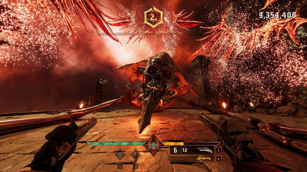 Metal: Hellsinger PC gameplay screenshot showing an intense boss battle with a fiery skull creature – Witness the adrenaline-pumping action as you face off against a massive demon in Metal: Hellsinger. Available now on PC Steam at RushGame.co. Get your key today