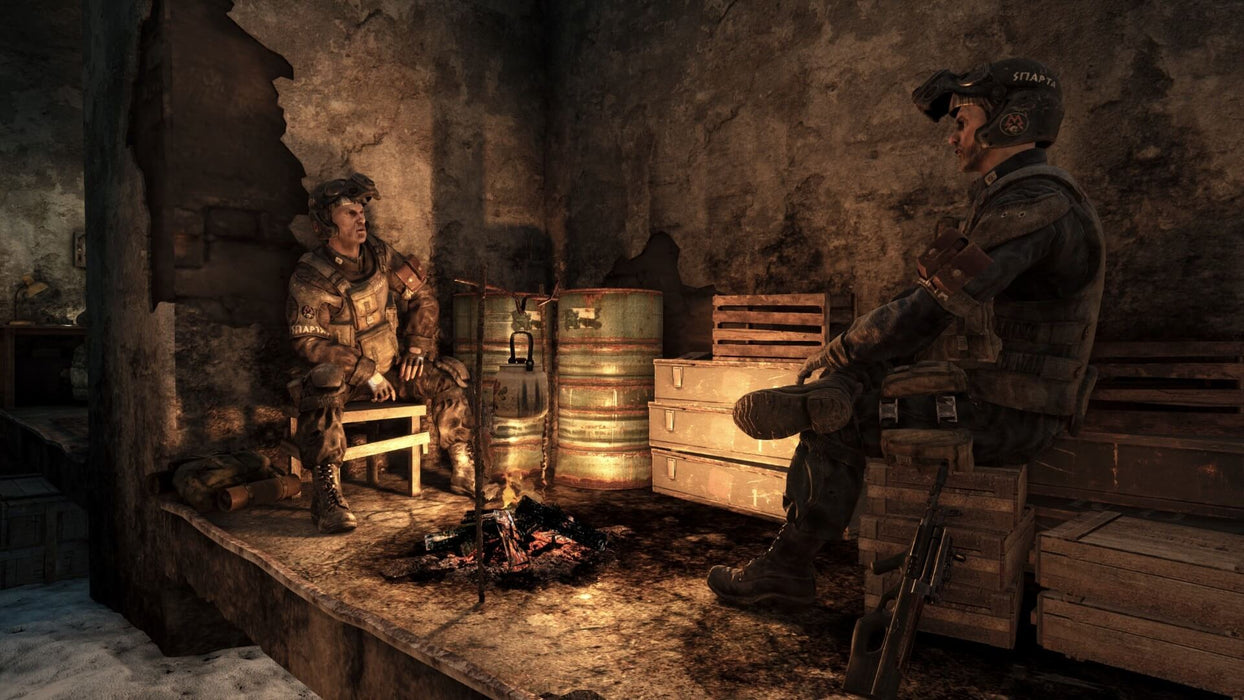 Metro 2033 Redux soldiers around a campfire scene" – A dramatic in-game moment from Metro 2033 Redux on GOG, showing two soldiers sitting by a fire, capturing the post-apocalyptic atmosphere. Get your Metro 2033 Redux key now at RushGame.co