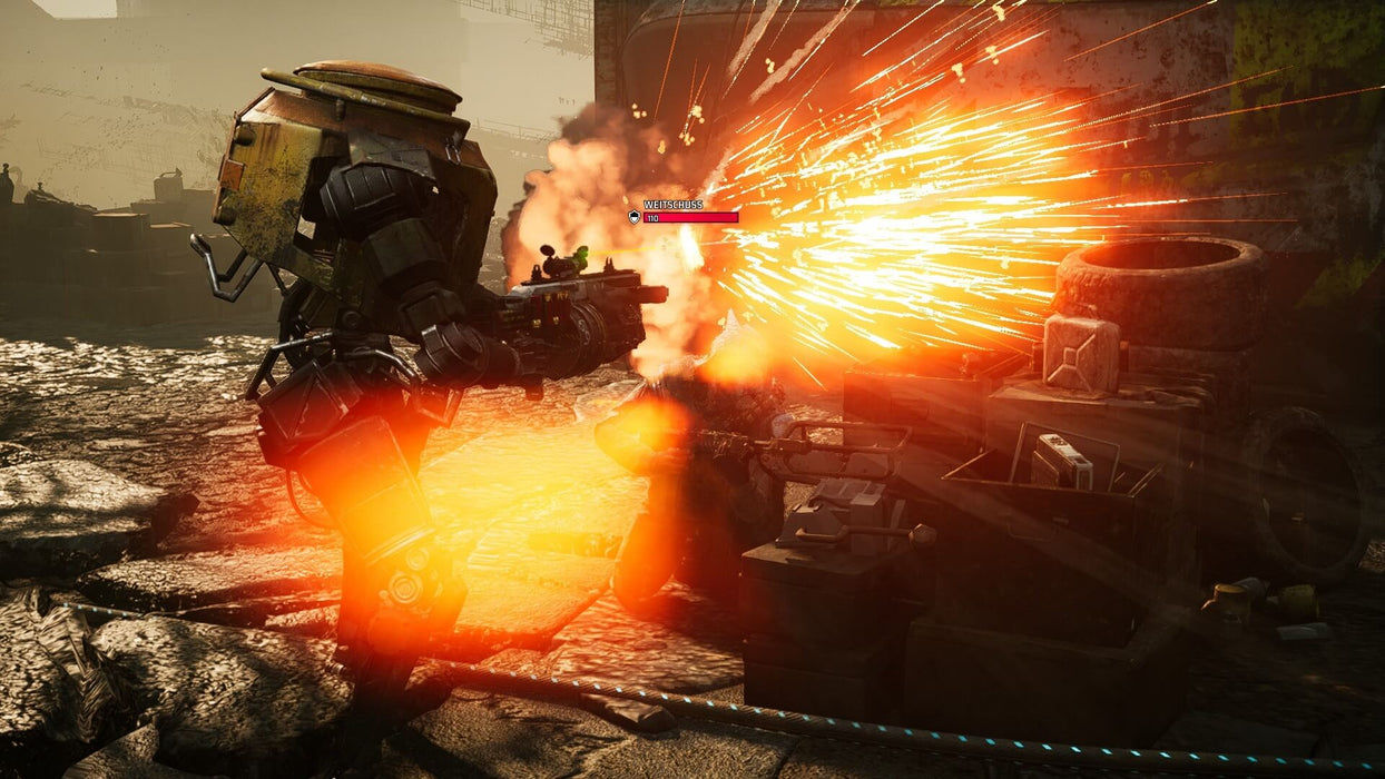 A close-up combat scene in Miasma Chronicles on PC Steam, showing a powerful explosion as a robotic enemy engages in battle. Purchase your Steam key now at RushGame.co