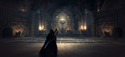 Epic dark throne room in Middle-Earth: Shadow of War Definitive Edition, where the protagonist stands before a massive throne surrounded by intricate wall designs. Purchase the game on PC Steam at RushGame.co