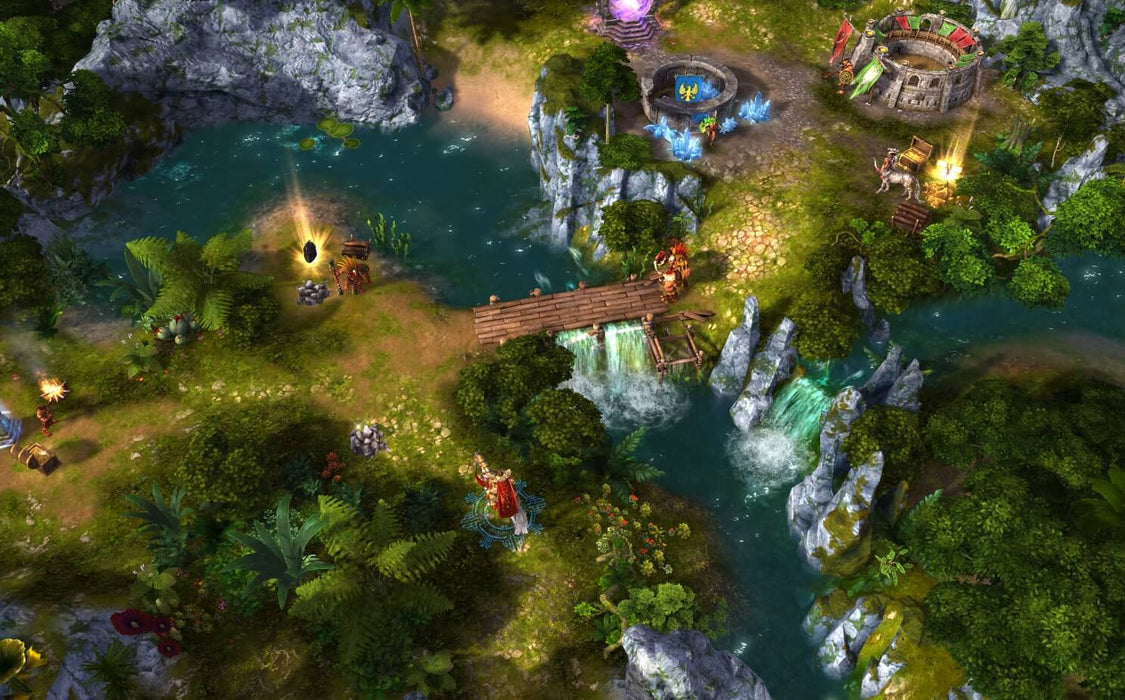 A vibrant adventure map from Might and Magic: Heroes VI for PC Uplay, featuring a hero exploring a lush forest and crossing a bridge over a waterfall. Purchase the game key on RushGame.co.