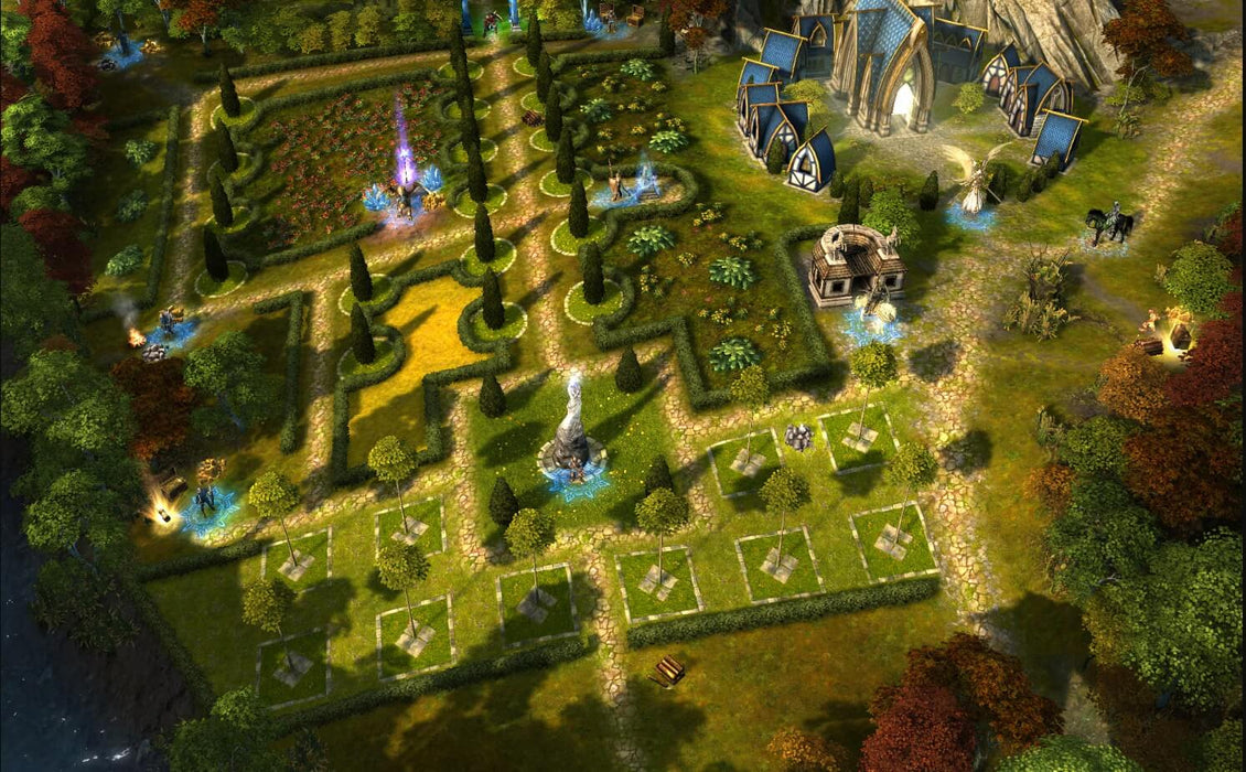 A peaceful village landscape from Might and Magic: Heroes VI for PC Uplay, showing intricate architecture and gardens. Get the game key on RushGame.co to immerse in this magical world.